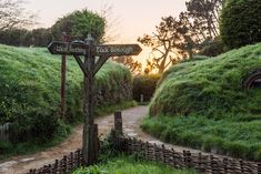 a wooden sign in the middle of a lush green field with grass growing on it