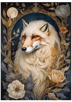 a painting of a fox surrounded by flowers