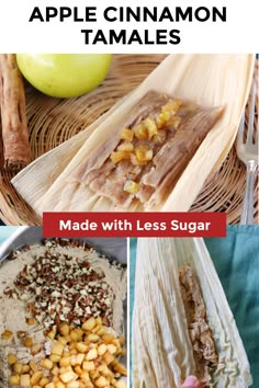 a collage of steps on how to make apple sweet tamales Sweet Tamales Recipe Mexico, Chocolate Tamales Recipe, Mexican Sweet Tamales Recipe, Tamale Recipes Easy