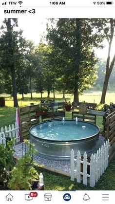 an above ground swimming pool in the middle of a yard with a dog looking at it