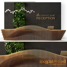 the front and back of a reception area with wooden slats on it, along with plants