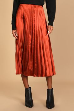 Turn any day into a chic day with the Lulus Fashionable Babe Rust Brown Satin Pleated Midi Skirt! Sleek and satiny woven fabric falls from a fitted high waist into a twirly, pleated midi skirt. Pair with a well-loved graphic tee and slides for a casual-chic vibe, or a button-up blouse for a more polished look! Hidden side seam zipper/clasp. Fit: This garment fits true to size. Length: Mid-calf length. Size small measures 32" from waist to hem. Waist: Fitted - very fitted at natural waist. Hip: N Spring Date Night Satin Skirt, Spring Pleated Satin Skirt, Pleated Midi Maxi Skirt For Party, Pleated Maxi Skirt For Night Out In Spring, Spring Satin Full Skirt Bottoms, Pleated Skirt Bottoms For Fall Date Night, Satin Pleated Skirt For Night Out, Satin Skirt For Evening In Fall, Satin Skirt For Fall Evening