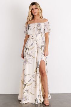 Daphne Off Shoulder Maxi Dress | Beige + Blue Floral Two Piece Dress Set, Shower Dress For Bride, Fitted Maxi Skirt, Long Flowy Dress, Daphne Dress, Blue Floral Maxi Dress, Baltic Born, Off Shoulder Maxi Dress, Elegant Maxi Dress