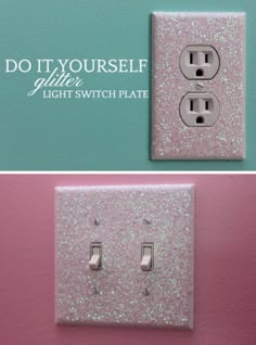 two light switch plates are shown with the words do it yourself glitter in white and pink