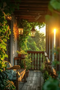 Sunset illuminates a cozy, plant-filled balcony with rustic wood furniture and vintage lanterns, embodying a quintessential small outdoor space. Small Moroccan Patio Ideas, Terrace Painting Ideas, Bohemian Deck, Beautiful Balcony, Balcony Ideas On A Budget