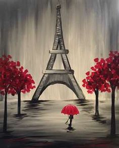 a painting of the eiffel tower in paris with a person holding an umbrella