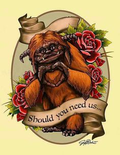 a drawing of an orangutan holding a banner with roses around it