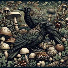 two black birds sitting on top of a pile of mushrooms and mushrooms in the forest