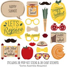 an assortment of stickers with words and pictures on them that say happy sukkat