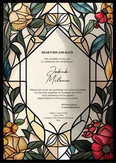 a stained glass window with flowers and leaves on the outside, in black frame that says dear john and kate