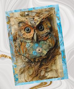 an altered photograph of an owl with buttons and chains on it's face is shown