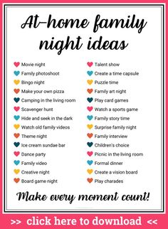 a poster with the words at home family night ideas on it and an image of hearts