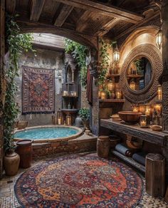 a bathroom with an oval rug, sink and bathtub in the middle of it