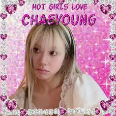 a girl with long blonde hair wearing a white shirt and pink heart - shaped frame