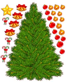 a christmas tree surrounded by decorations and stars on white paper with the words merry christmas written below it