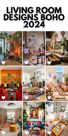 the living room designs boho 2012 are featured in this collage with many different pictures