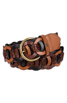 A woven strap makes its way through links of smooth leather tanned in various shades that give this belt its distinctive look and feel. 1 1/2" belt width Leather Imported Brown Woven Leather Belt, Luxury Adjustable Brown Belt, Adjustable Woven Leather Belt, Casual Brown Woven Leather Belt, Womens Belts Fashion, Braids With Weave, Braided Belt, Woven Belt, Brown Belt