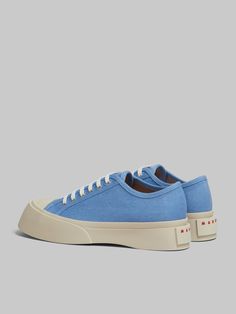 Pablo low-top lace-up sneaker in denim. Leather lining and soft leather insole. Chunky platform sole in rubber with Marni logo on the back. Sneaker Shop, Trunk Bag, Boot Pumps, Boot Accessories, Lacing Sneakers, Chunky Platform, Pumps Flat, Light Blue Denim, Cool Socks