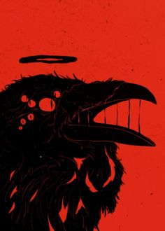 a black bird with long beaks and an angel above it's head on a red background