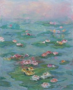 an oil painting of water lillies on a blue and green surface with pink sky in the background