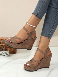 Brown Vacation Collar   Plain  Embellished   Women Shoes Strap High Heels, Shoes Hack, Boho Clothes, Ankle Strap High Heels, Wedges Heels, Fancy Shoes, High Heel Wedges, Peep Toe Shoes, Dress Classy