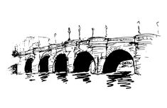 an ink drawing of a bridge over water