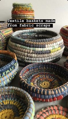 baskets made from fabric scraps sitting on top of a table with text overlay that reads textile baskets made from fabric scraps