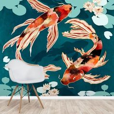 two goldfishs swimming in the water on a blue background wallpaper mural print