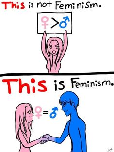 two cartoon images with the words this is feminist and an image of women shaking hands