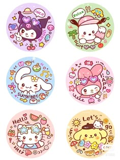 four stickers with hello kitty and other cartoon characters in different colors, sizes and shapes