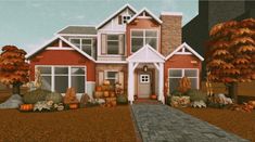 Bloxburg Cute House Exterior, Fall Exterior Bloxburg, Small Fall Bloxburg Houses Exterior, Boo Burg Fall House, Fall House Ideas Exterior, Aesthetic Fall Bloxburg House Exterior, Roblox Bloxburg House Ideas Fall, Fall Blocksburg House, Autumn House Bloxburg Exterior