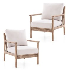 two wooden chairs with white cushions on them