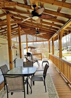 an outdoor covered patio with chairs and table