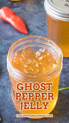 Ghost Pepper Jelly served in a big jar Recipes Using Ghost Peppers, Strawberry Ghost Pepper Jam, Scorpion Pepper Jelly, Ghost Peppers Recipes, Pickled Ghost Peppers, Ghost Pepper Chili Recipe, Canning Ghost Peppers, Recipes With Ghost Peppers, California Reaper Pepper Recipes