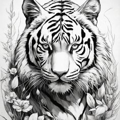 a black and white drawing of a tiger with flowers on it's chest, looking at the camera