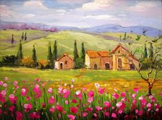 a painting of a house in the middle of a field with pink flowers on it