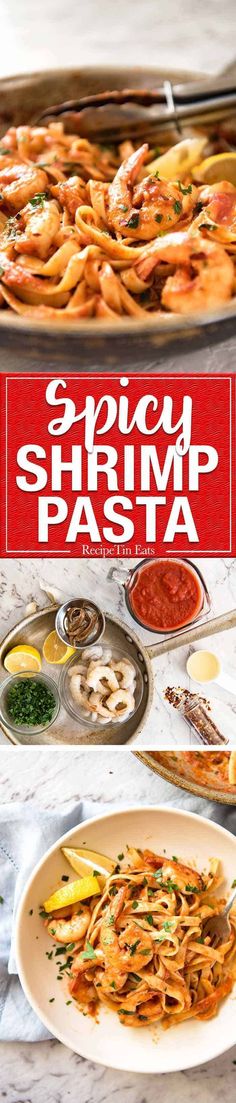 the cover of spicy shrimp pasta, with two plates of food in front of it