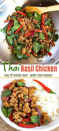 thai basil chicken in a bowl with rice and peppers