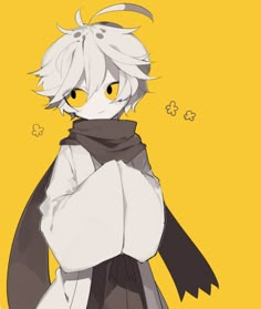 an anime character with white hair and yellow eyes, wearing a black scarf around his neck