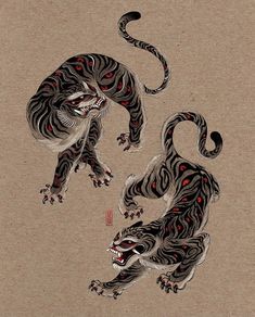 two black and white tigers with red eyes on brown paper, one in the foreground