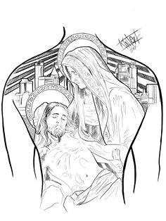 a drawing of jesus and mary in black and white