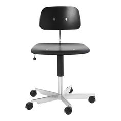 a black office chair sitting on top of a metal base with wheels and casteors