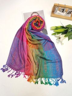 Color:Multicolor \nStyle:Casual \nPattern Type:Tribal \nType:Infinity Scarves \nType:Shawls \nProduct Technique:Jacquard \nElement:Paisley \nMaterial:Woven Fabric \nComposition:100% Viscose \n Women Scarves, Pashmina Shawl, Pashmina Scarf, Satin Silk, Paisley Pattern, Infinity Scarf, Head Wraps, Silk Satin, Mardi Gras