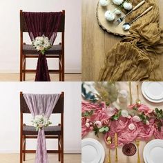 four different chairs decorated with flowers and napkins