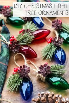 diy christmas light tree ornaments with pine cones and red berries