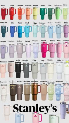 Stanley Cup Without Handle, Stanley Colors And Names, Stanley’s Cup, All Stanley Cup Colors, Stanley Cup Color Chart, All Stanley Colors, Cute Preppy Stuff, Cute Stanley’s, Brown Stanley Cup