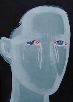 a painting of a man's head with tears and red eyeballs on it