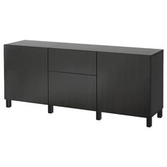 the sideboard is black and has two doors on one side, and three drawers on the other