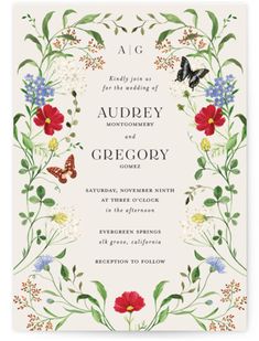 a wedding card with flowers, butterflies and leaves on the front is shown in white