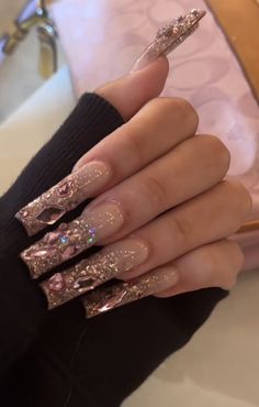 Blinged Out Birthday Nails, Nude Acrylic Nails, Nail Piercing, Drip Nails, Glamour Nails, Pretty Gel Nails, Long Square Acrylic Nails, Bling Acrylic Nails, Acrylic Nails Coffin Short